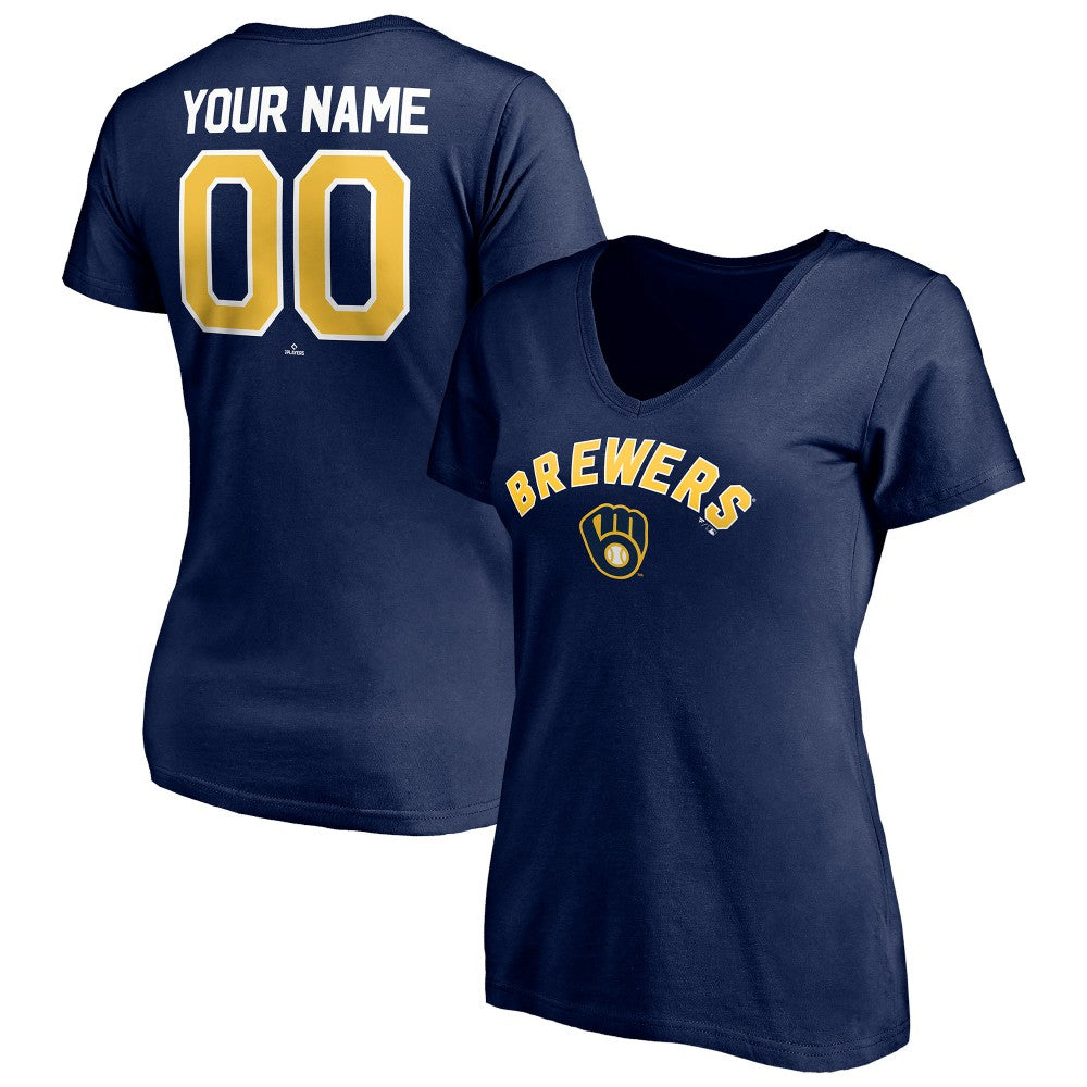 Milwaukee Brewers Women's Personalized Winning Streak Name & Number V-Neck T-Shirt Navy