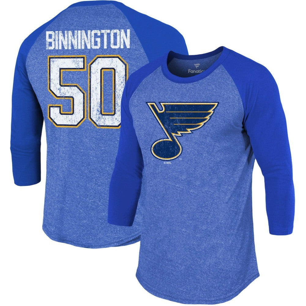 Jordan Binnington St. Louis Blues Fanatics Name & Number Tri-Blend Raglan 3/4-Sleeve T-Shirt Blue