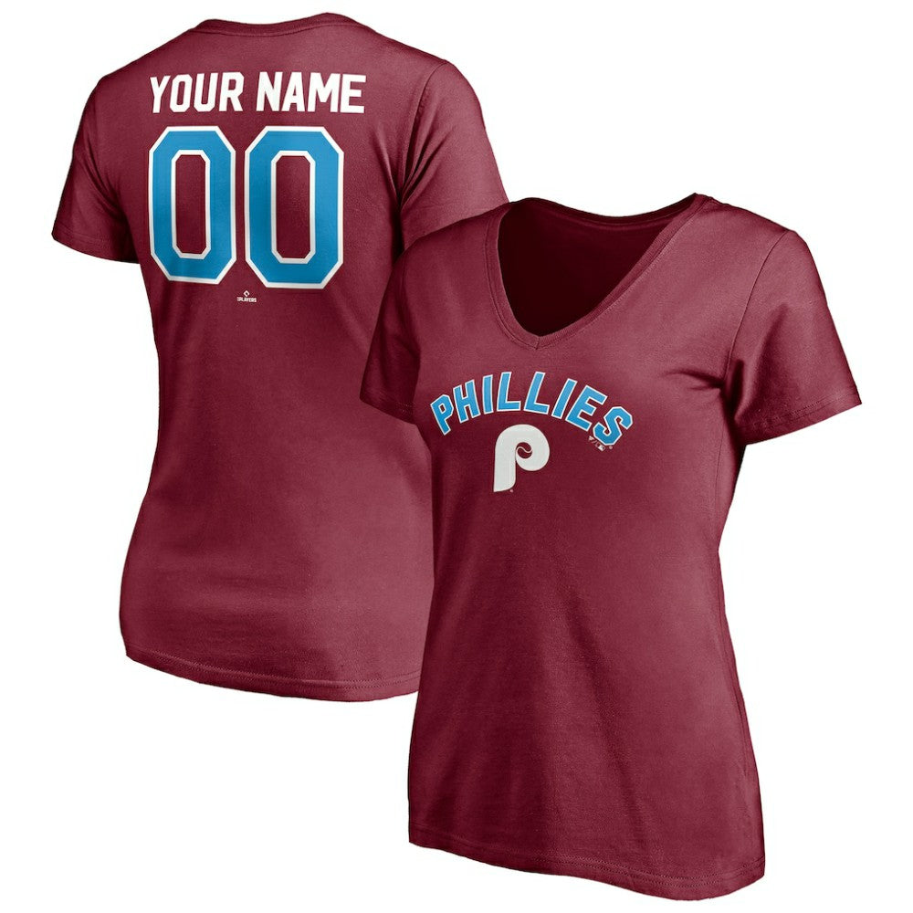 Philadelphia Phillies Women's Cooperstown Winning Streak Alternate Personalized Name & Number V-Neck T-Shirt Burgundy