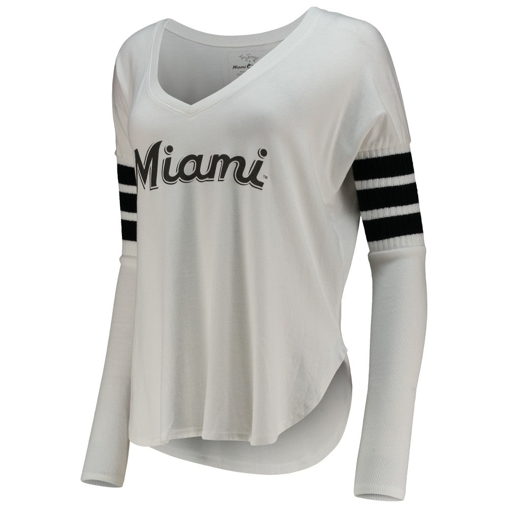 Miami Marlins Tiny Turnip Women's Jalynne Jersey Tri-Blend Long Sleeve V-Neck T-Shirt White