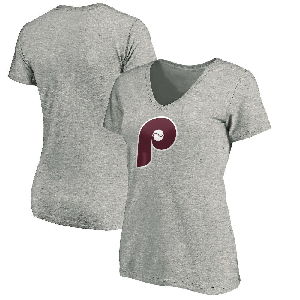 Philadelphia Phillies Women's Cooperstown Collection Huntington Logo V-Neck T-Shirt Heathered Gray