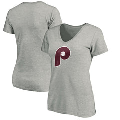 Philadelphia Phillies Women's Cooperstown Collection Huntington Logo V-Neck T-Shirt Heathered Gray