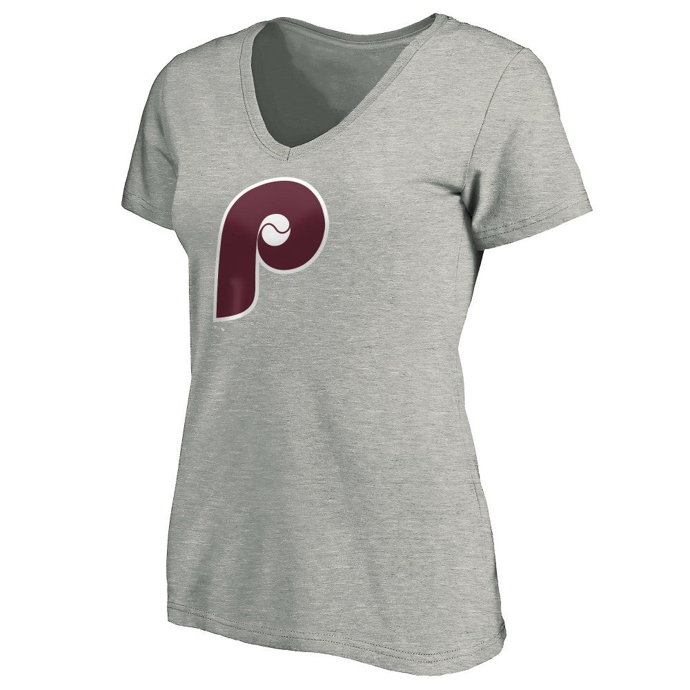 Philadelphia Phillies Women's Cooperstown Collection Huntington Logo V-Neck T-Shirt Heathered Gray