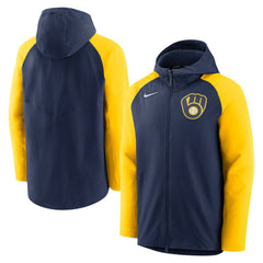 Milwaukee Brewers Authentic Collection Performance Raglan Full-Zip Hoodie Navy/Gold | Nike