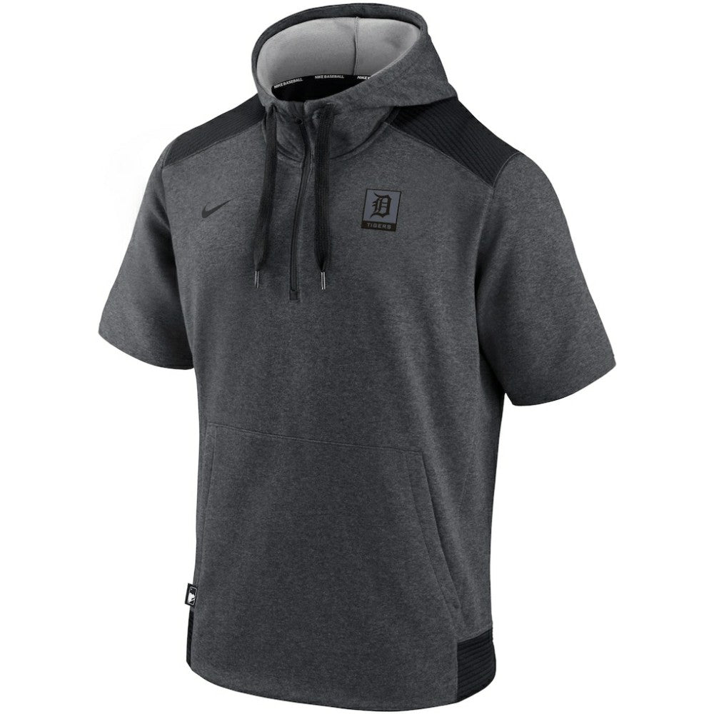 Detroit Tigers Authentic Collection Dry Flux Performance Quarter-Zip Short Sleeve Hoodie Heathered Charcoal/Black | Nike