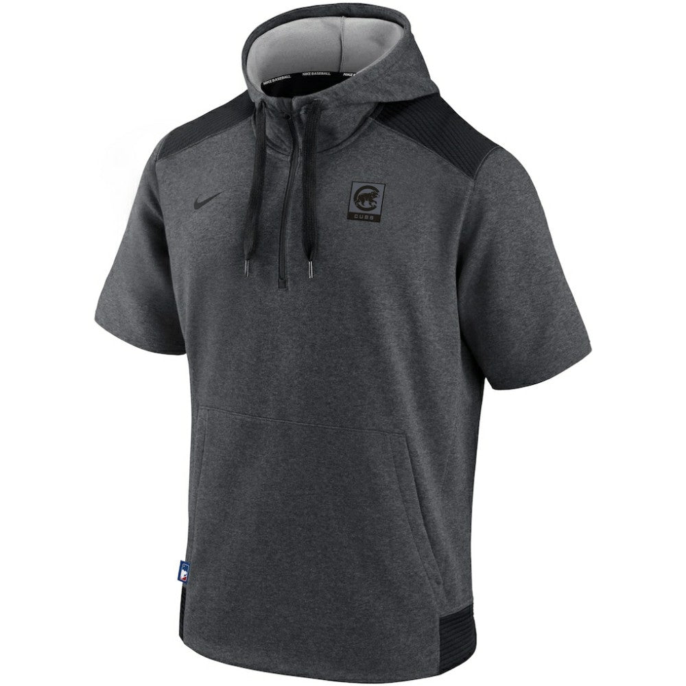 Chicago Cubs Authentic Collection Dry Flux Performance Quarter-Zip Short Sleeve Hoodie Heathered Charcoal/Black | Nike