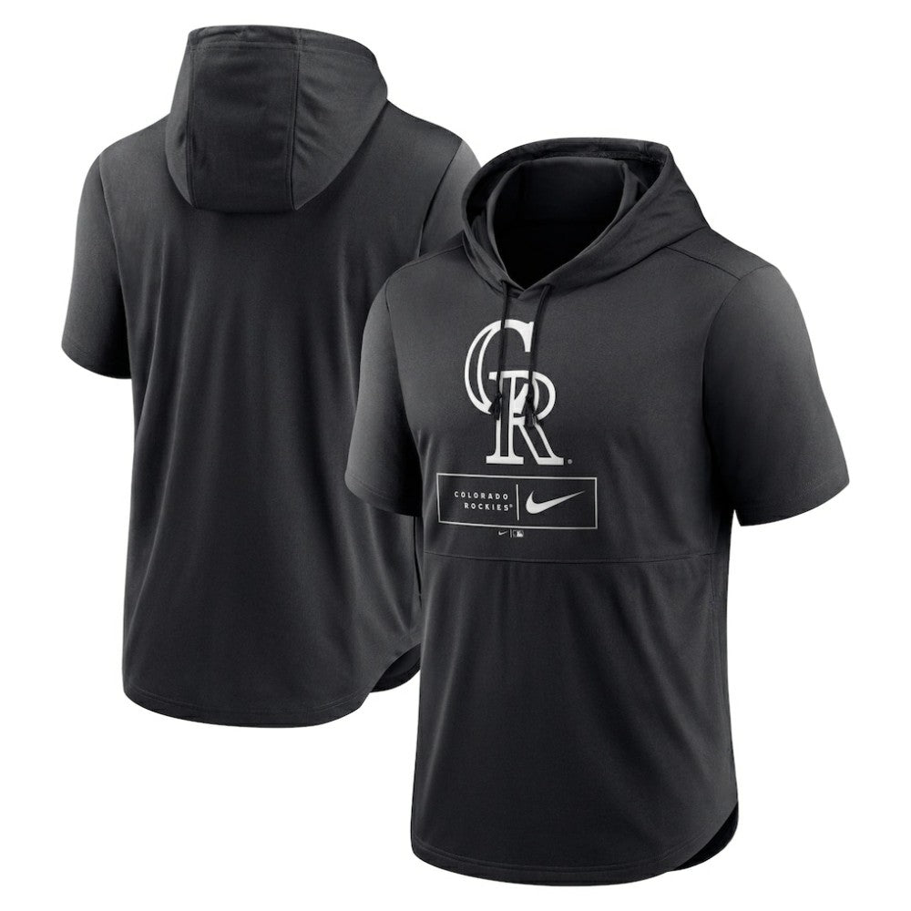 Colorado Rockies Lockup Performance Short Sleeve Lightweight Hooded Top Black | Nike