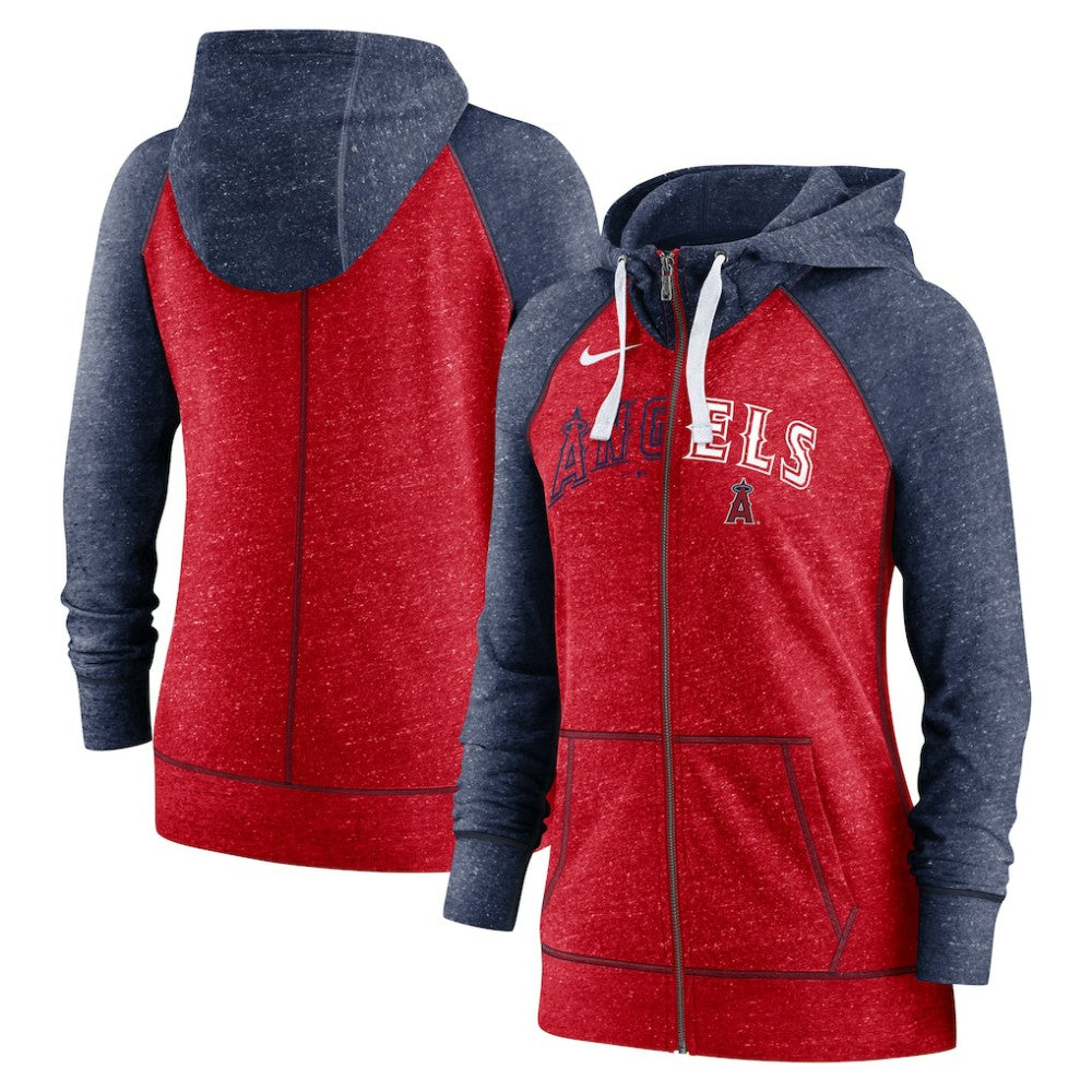 Los Angeles Angels Women's Split Wordmark Gym Vintage Raglan Lightweight Full-Zip Hoodie Heather Red/Heather Navy | Nike
