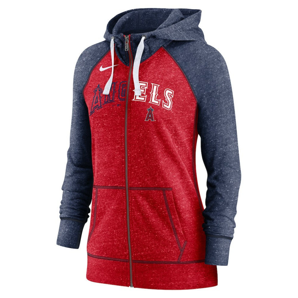 Los Angeles Angels Women's Split Wordmark Gym Vintage Raglan Lightweight Full-Zip Hoodie Heather Red/Heather Navy | Nike
