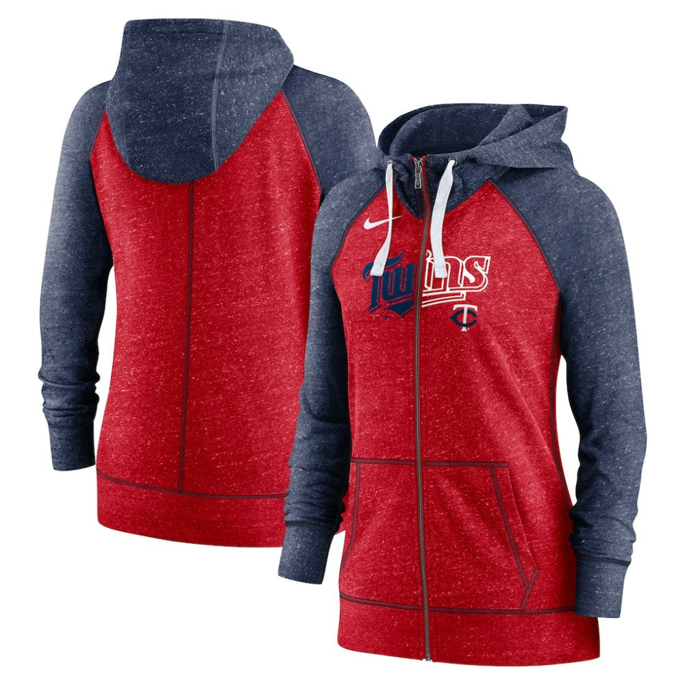 Minnesota Twins Women's Split Wordmark Gym Vintage Raglan Lightweight Full-Zip Hoodie Heather Red/Heather Navy | Nike