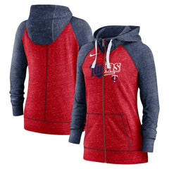 Minnesota Twins Women's Split Wordmark Gym Vintage Raglan Lightweight Full-Zip Hoodie Heather Red/Heather Navy | Nike
