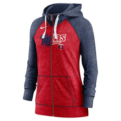 Minnesota Twins Women's Split Wordmark Gym Vintage Raglan Lightweight Full-Zip Hoodie Heather Red/Heather Navy | Nike