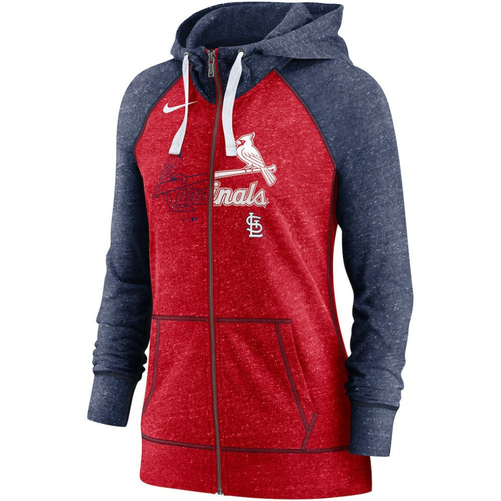 St. Louis Cardinals Women's Split Wordmark Gym Vintage Raglan Lightweight Full-Zip Hoodie Heather Red/Heather Navy | Nike
