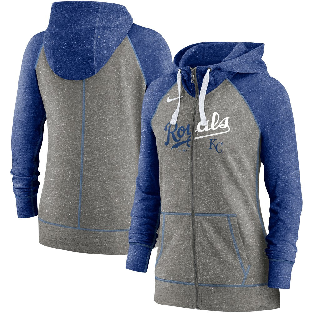 Kansas City Royals Women's Split Wordmark Gym Vintage Raglan Lightweight Full-Zip Hoodie Heather Charcoal/Heather Royal | Nike