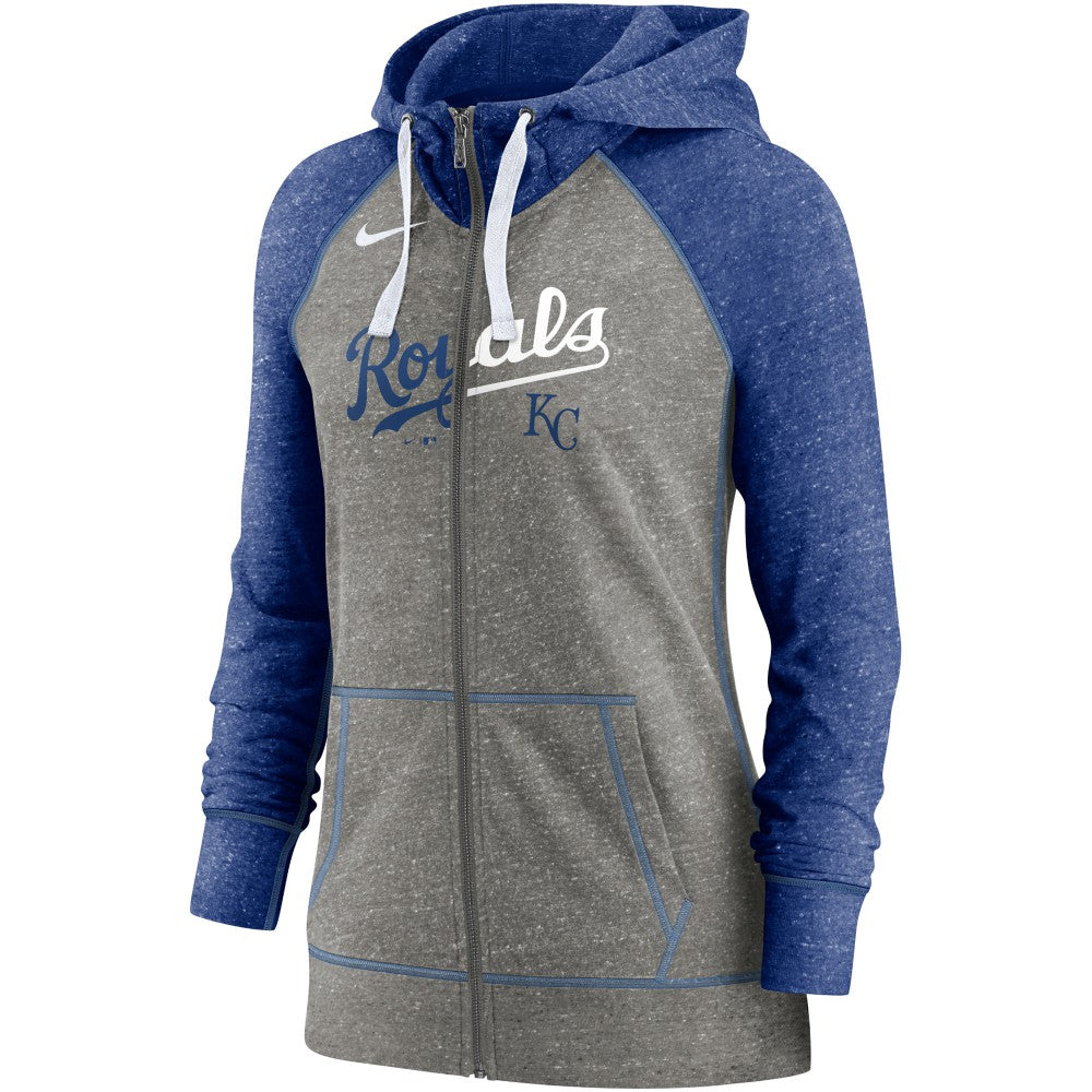 Kansas City Royals Women's Split Wordmark Gym Vintage Raglan Lightweight Full-Zip Hoodie Heather Charcoal/Heather Royal | Nike