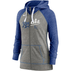 Kansas City Royals Women's Split Wordmark Gym Vintage Raglan Lightweight Full-Zip Hoodie Heather Charcoal/Heather Royal | Nike