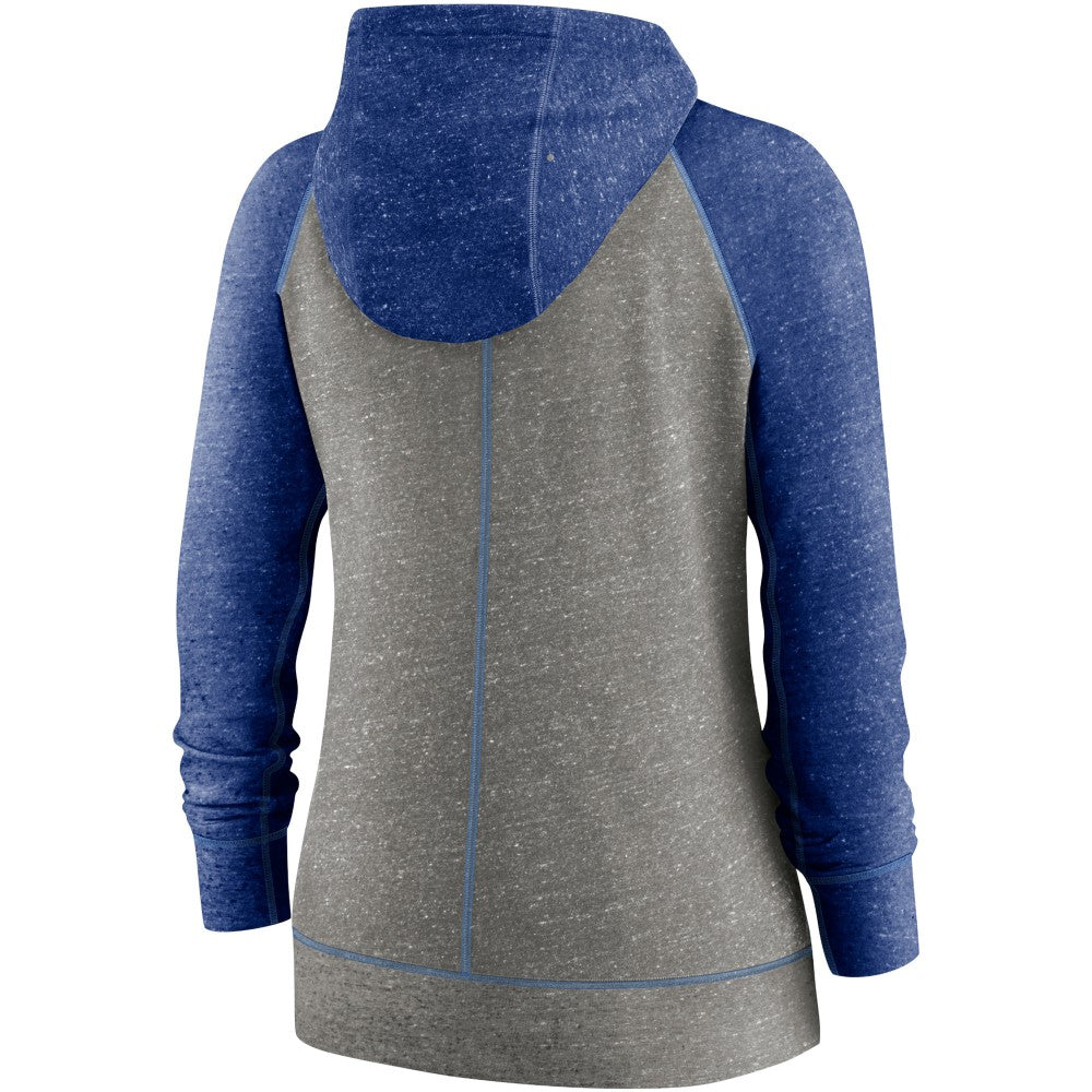 Kansas City Royals Women's Split Wordmark Gym Vintage Raglan Lightweight Full-Zip Hoodie Heather Charcoal/Heather Royal | Nike