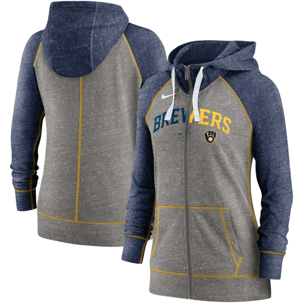 Milwaukee Brewers Women's Split Wordmark Gym Vintage Raglan Lightweight Full-Zip Hoodie Heather Charcoal/Heather Navy | Nike