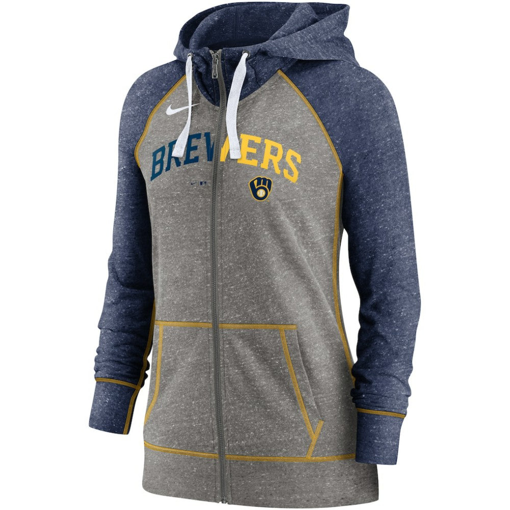 Milwaukee Brewers Women's Split Wordmark Gym Vintage Raglan Lightweight Full-Zip Hoodie Heather Charcoal/Heather Navy | Nike