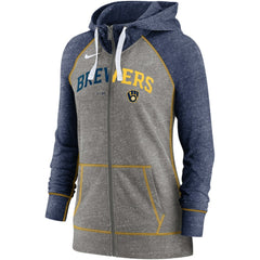 Milwaukee Brewers Women's Split Wordmark Gym Vintage Raglan Lightweight Full-Zip Hoodie Heather Charcoal/Heather Navy | Nike