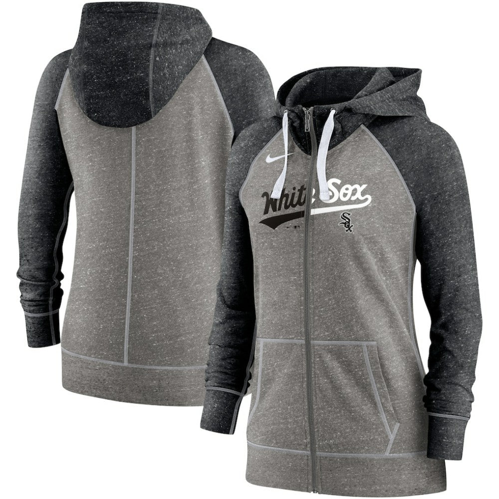 Chicago White Sox Women's Split Wordmark Gym Vintage Raglan Lightweight Full-Zip Hoodie Heather Charcoal/Heather Black | Nike