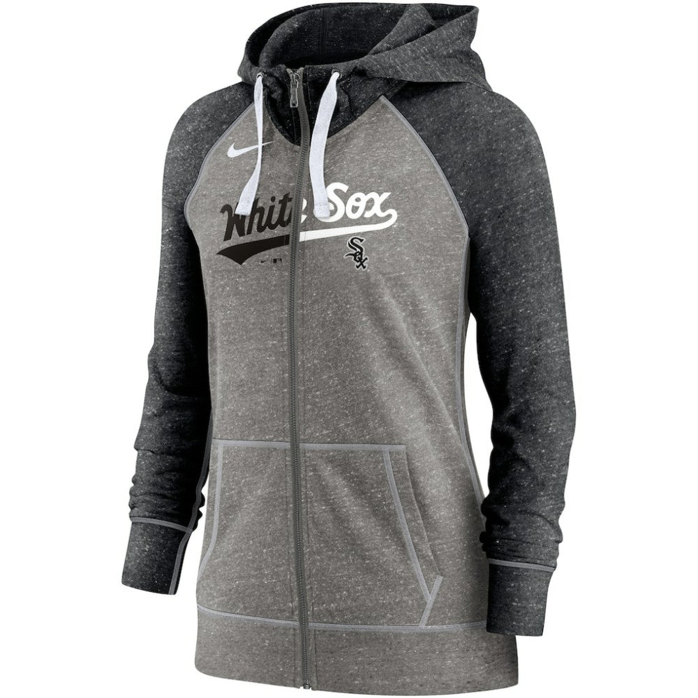 Chicago White Sox Women's Split Wordmark Gym Vintage Raglan Lightweight Full-Zip Hoodie Heather Charcoal/Heather Black | Nike