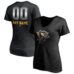 Pittsburgh Penguins Women's Personalized Midnight Mascot Logo V-Neck T-Shirt Black