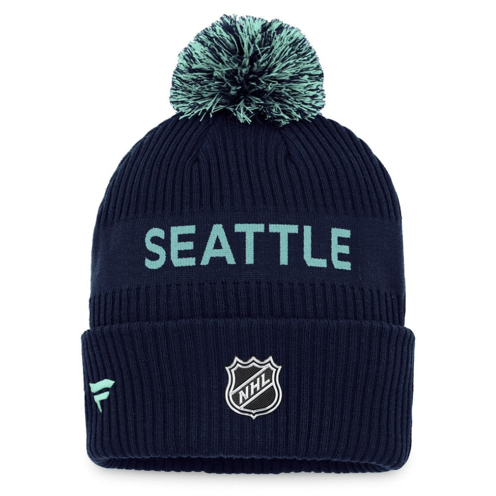 Seattle Kraken Fanatics 2022 NHL Draft Authentic Pro Cuffed Knit Hat with Pom Deep Sea Blue/Light Blue