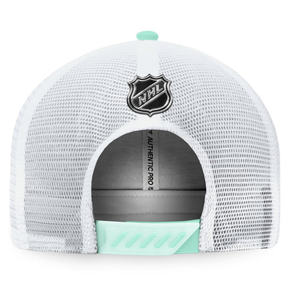 Seattle Kraken Fanatics 2022 NHL Draft Authentic Pro On Stage Trucker Adjustable Hat Navy/White