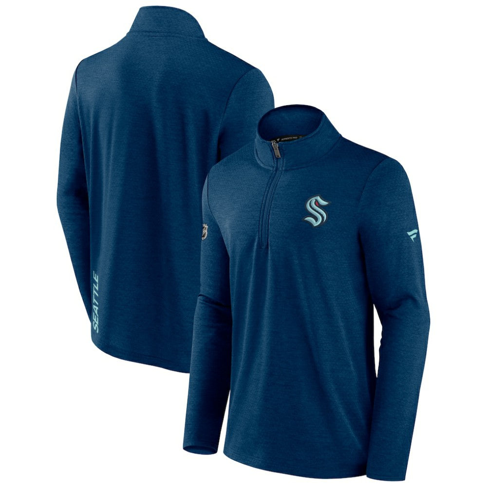 Seattle Kraken Fanatics Authentic Pro Rink Quartet-Zip Jacket Heather Deep Sea Blue