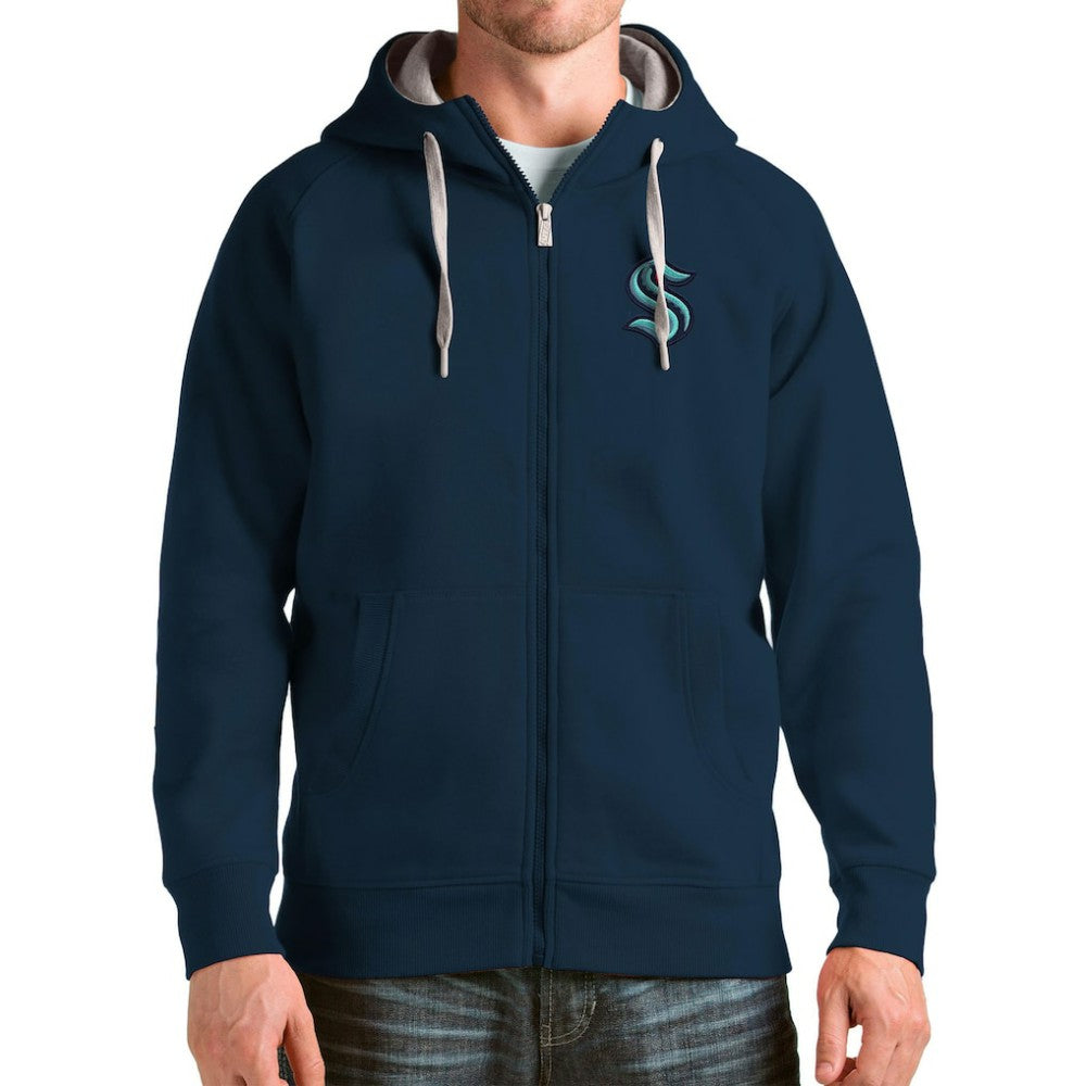 Seattle Kraken Antigua Logo Victory Full-Zip Hoodie Deep Sea Blue