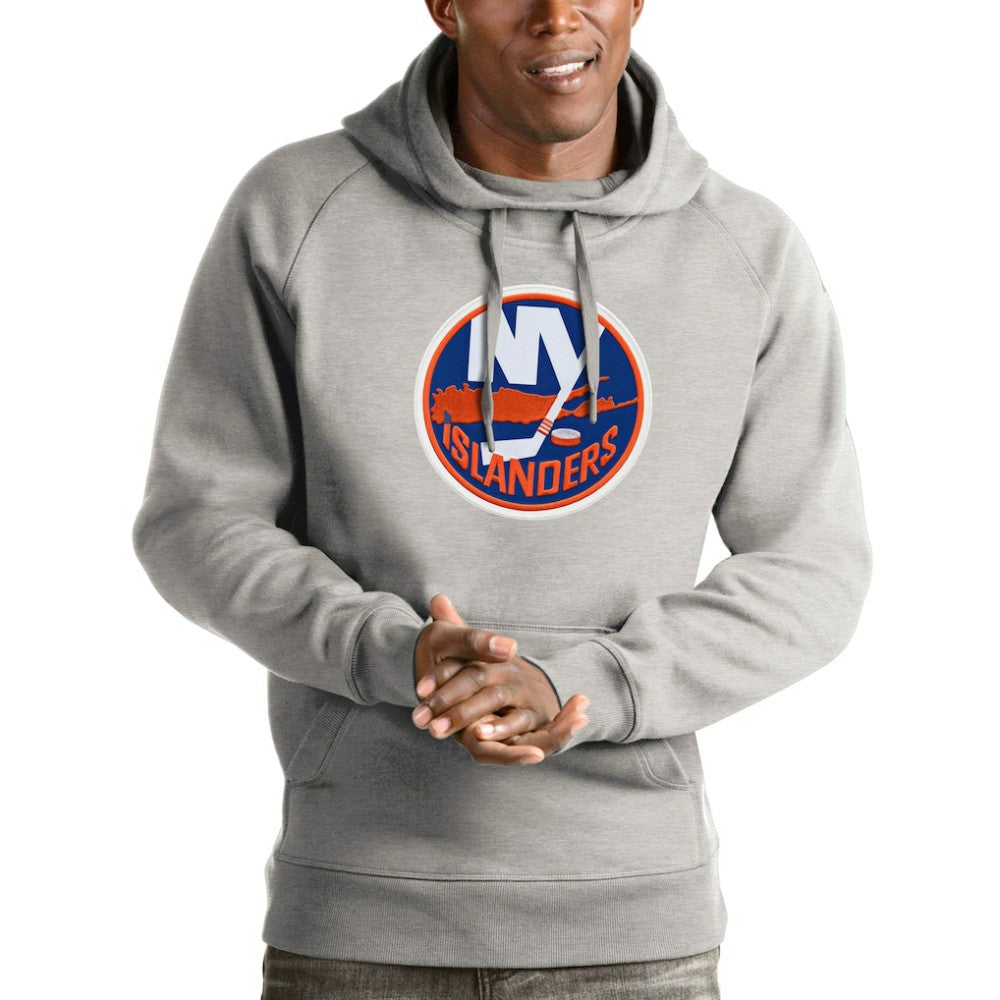 New York Islanders Antigua Logo Victory Pullover Hoodie Heathered Gray