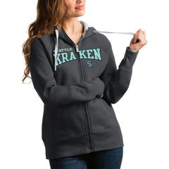 Seattle Kraken Antigua Women's Wordmark Victory Full-Zip Hoodie Charcoal