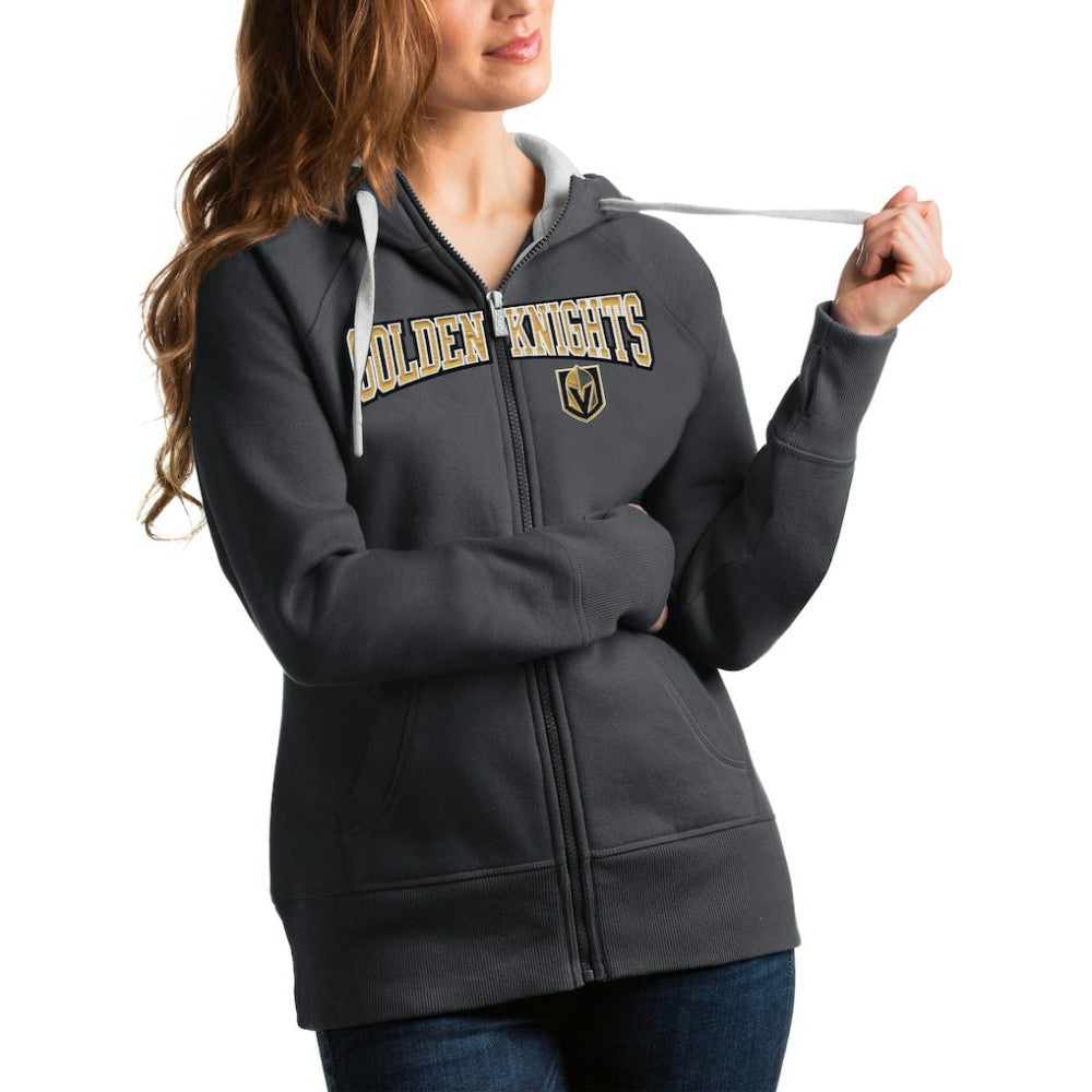 Vegas Golden Knights Antigua Women's Wordmark Victory Full-Zip Hoodie Charcoal