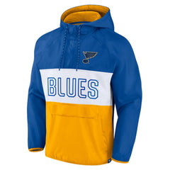 St. Louis Blues Fanatics Backhand Shooter Defender Anorak Raglan Hoodie Quarter-Zip Jacket Blue/Gold