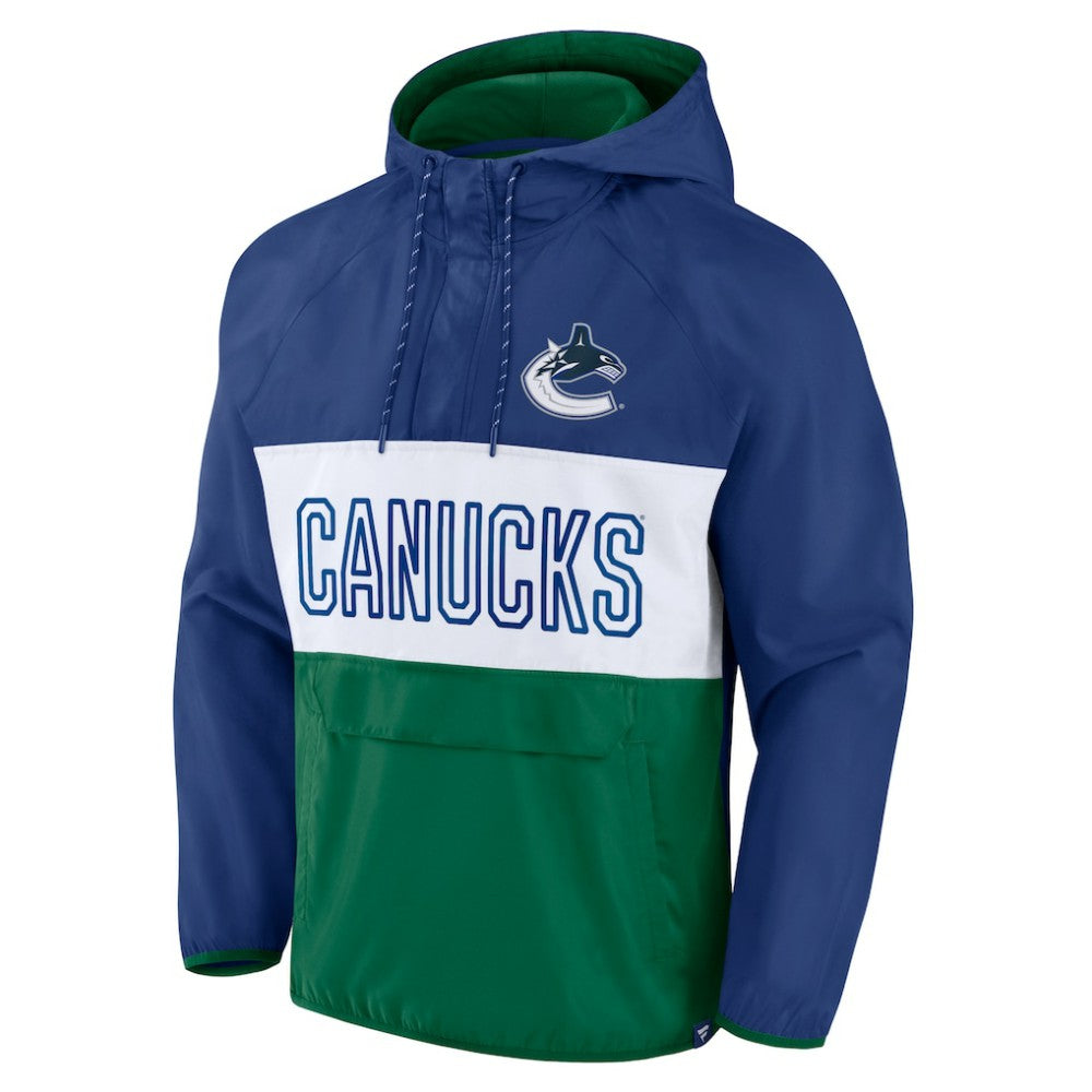 Vancouver Canucks Fanatics Backhand Shooter Defender Anorak Raglan Hoodie Quarter-Zip Jacket Blue/Green