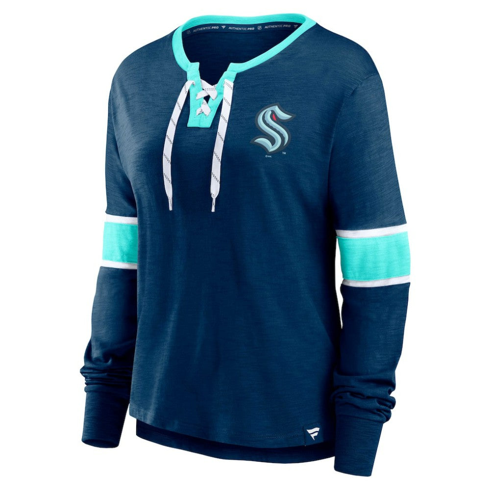 Seattle Kraken Fanatics Women's Effervescent Exclusive Notch Neck Lace-Up Long Sleeve Slub T-Shirt Navy