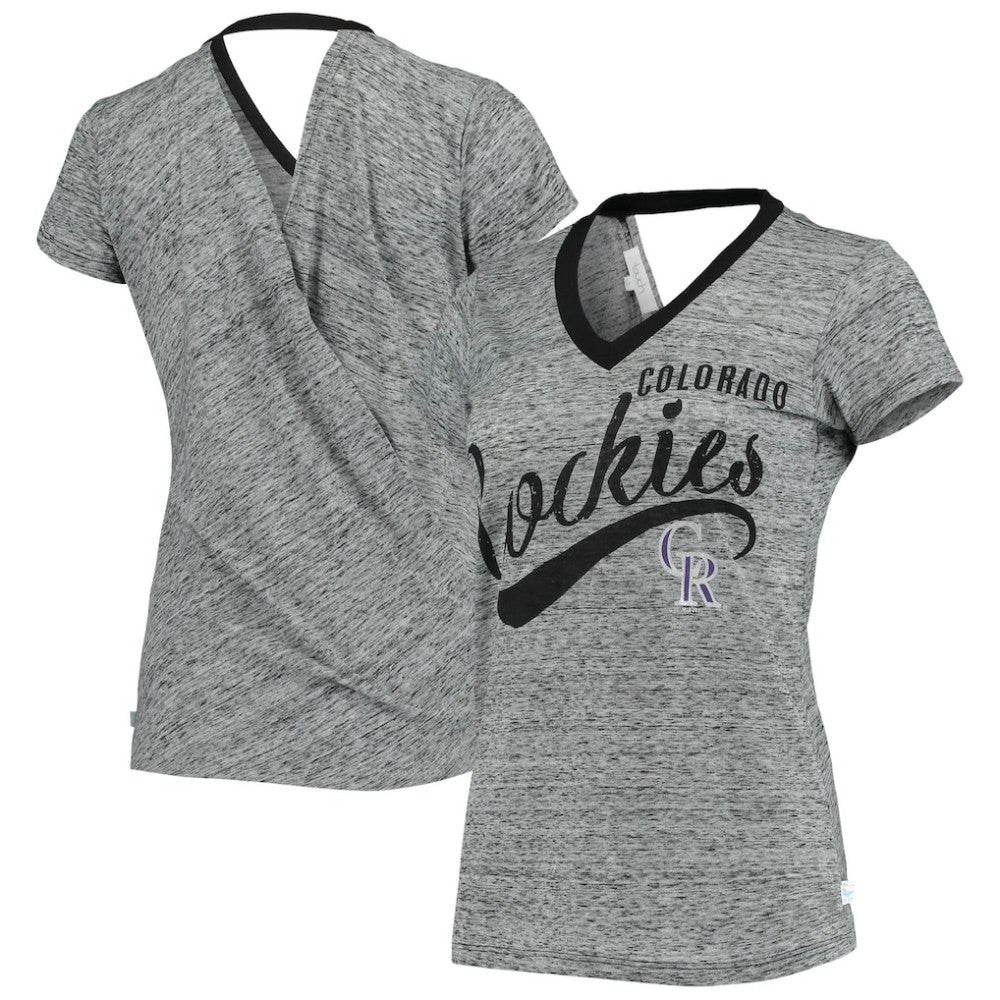 Colorado Rockies Touch Women's Hail Mary Back Wrap Space-Dye V-Neck T-Shirt Black