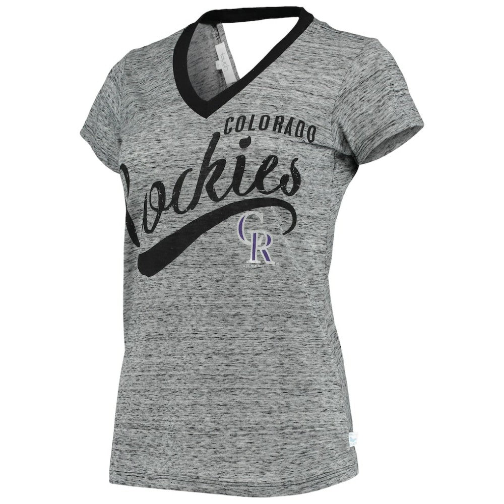 Colorado Rockies Touch Women's Hail Mary Back Wrap Space-Dye V-Neck T-Shirt Black