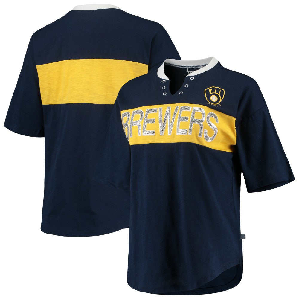 Milwaukee Brewers Touch Women's Lead Off Notch Neck T-Shirt Navy/Gold
