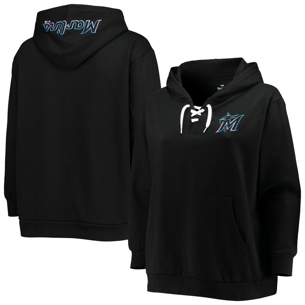 Miami Marlins Women's Plus Size Lace-Up V-Neck Pullover Hoodie Black