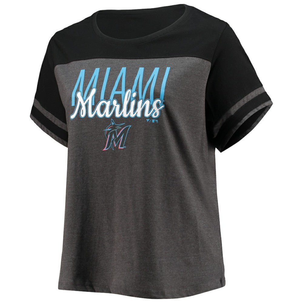 Miami Marlins Women's Plus Size Colorblock T-Shirt Heathered Charcoal/Black