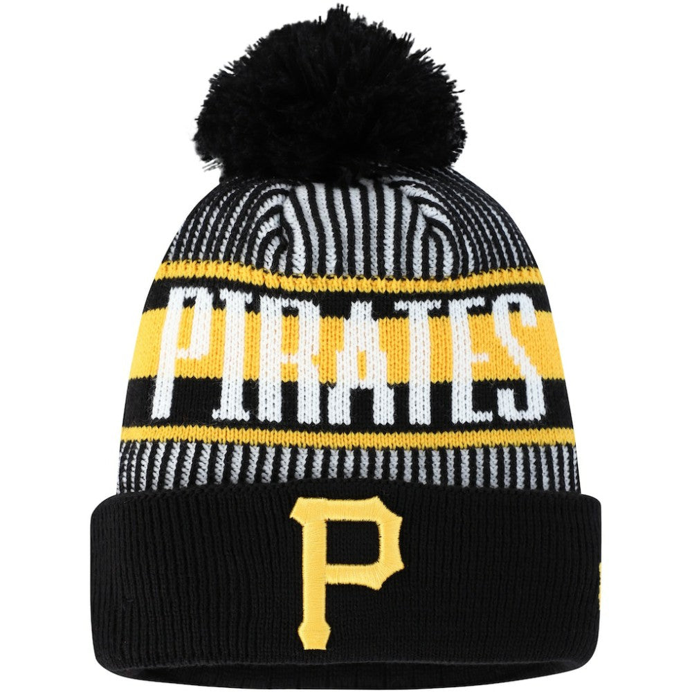 Pittsburgh Pirates Youth Striped Cuffed Knit Hat with Pom Black | New Era