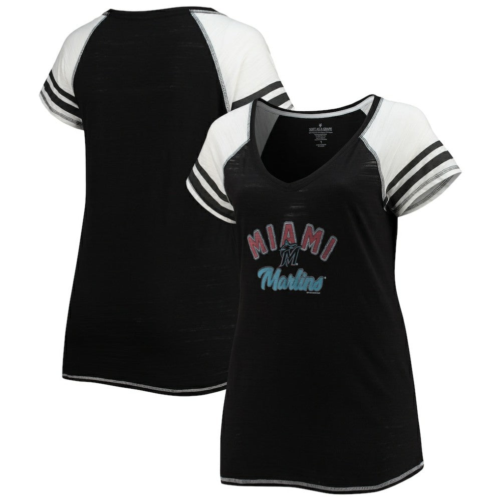 Miami Marlins Soft as a Grape Women's Curvy Color Block Tri-Blend Raglan V-Neck T-Shirt Black