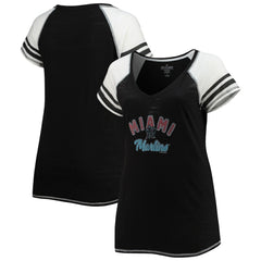 Miami Marlins Soft as a Grape Women's Curvy Color Block Tri-Blend Raglan V-Neck T-Shirt Black