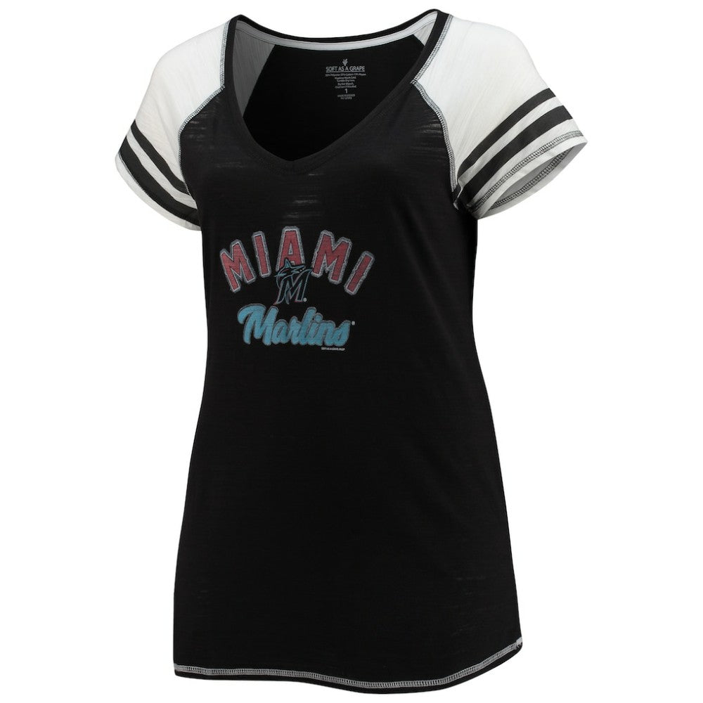 Miami Marlins Soft as a Grape Women's Curvy Color Block Tri-Blend Raglan V-Neck T-Shirt Black