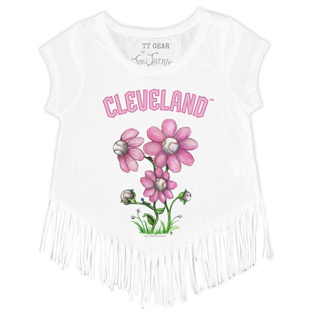 Cleveland Guardians Tiny Turnip Girls Youth Blooming Baseballs Fringe T-Shirt White