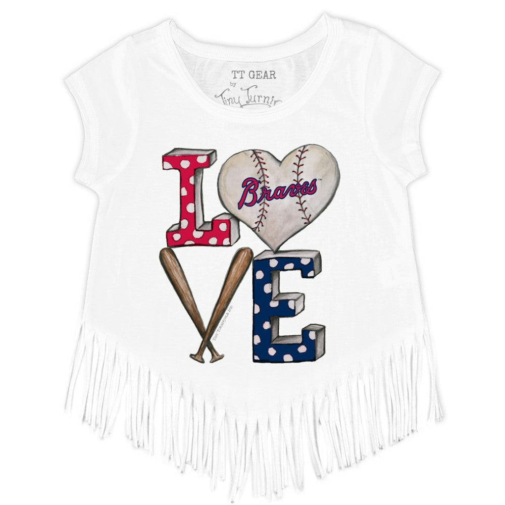 Atlanta Braves Tiny Turnip Girls Youth Baseball Love Fringe T-Shirt White