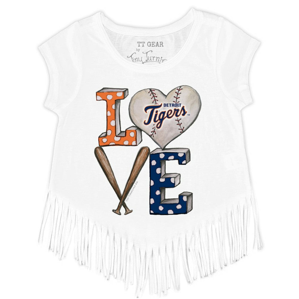 Detroit Tigers Tiny Turnip Girls Youth Baseball Love Fringe T-Shirt White