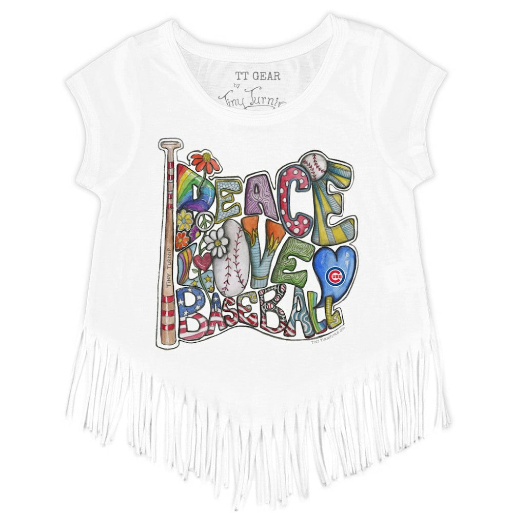 Chicago Cubs Tiny Turnip Girls Youth Peace Love Baseball Fringe T-Shirt White